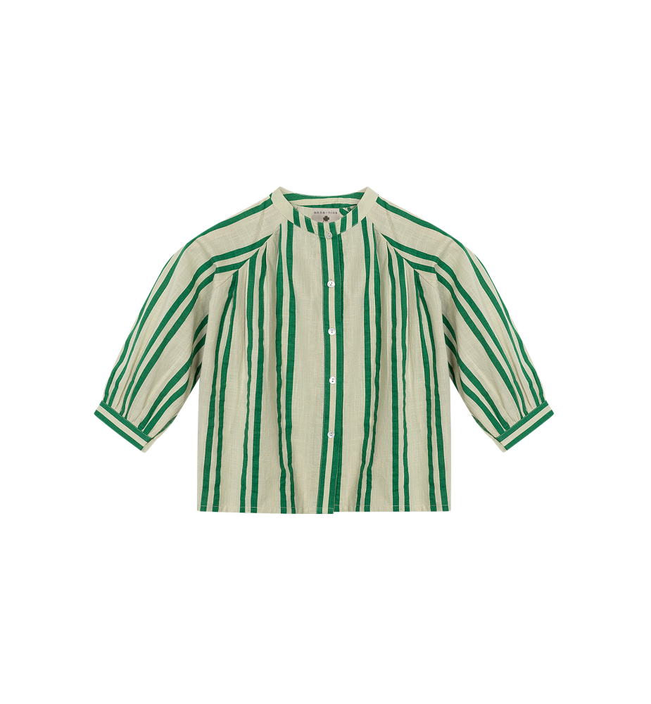 Sunny Stripes Mini Uma Blouse | Beige - Emerald Striped