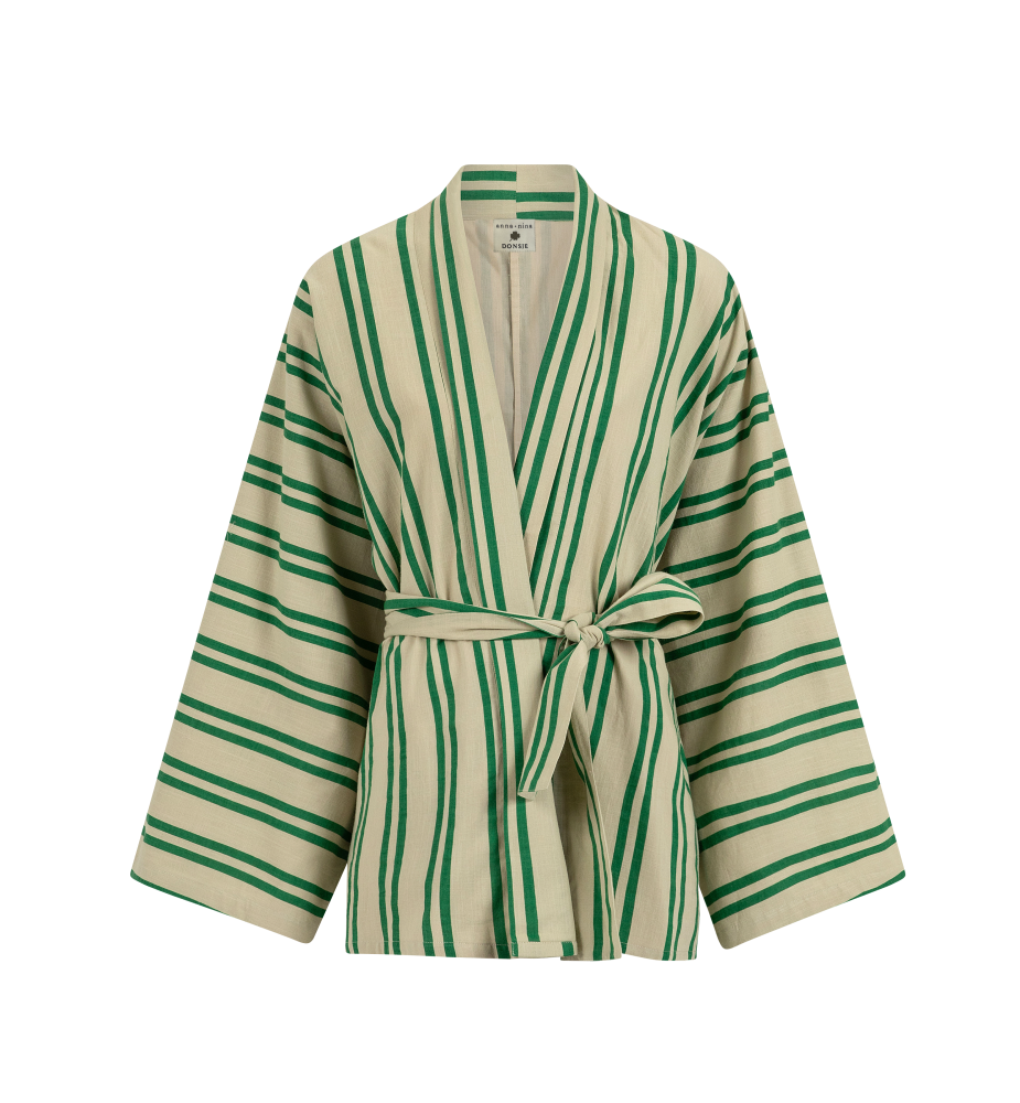 Sunny Stripes Kimono | Beige - Emerald Striped
