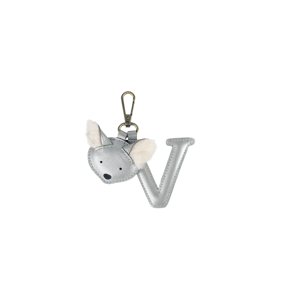 Alphabet Keychain Large | V | Silver Grey Metallic Leather