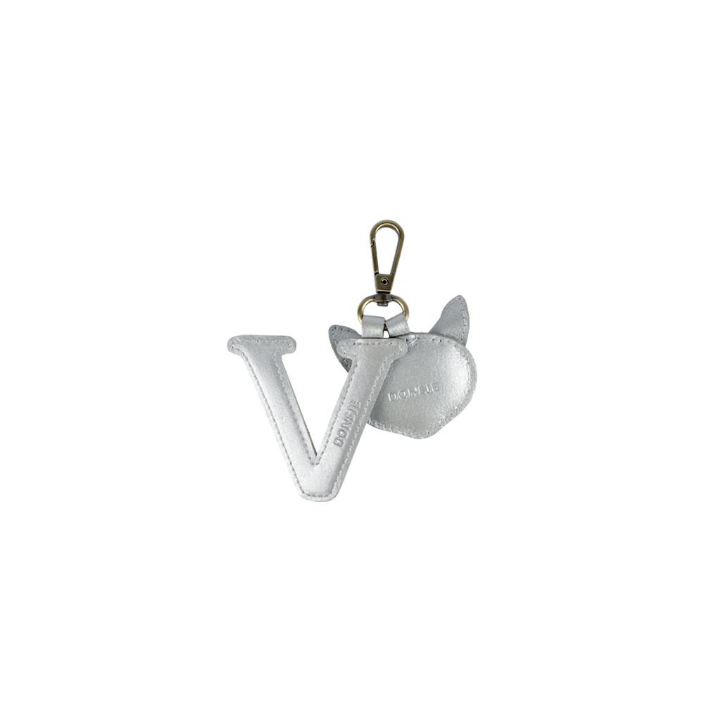 Alphabet Keychain Large | V | Silver Grey Metallic Leather
