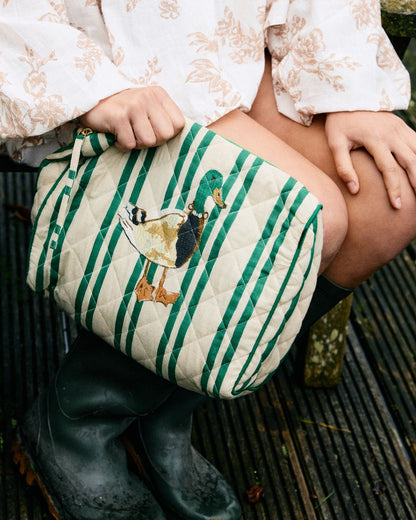 Posh Mallard Quilted Wash Bag | Beige - Emerald  Striped