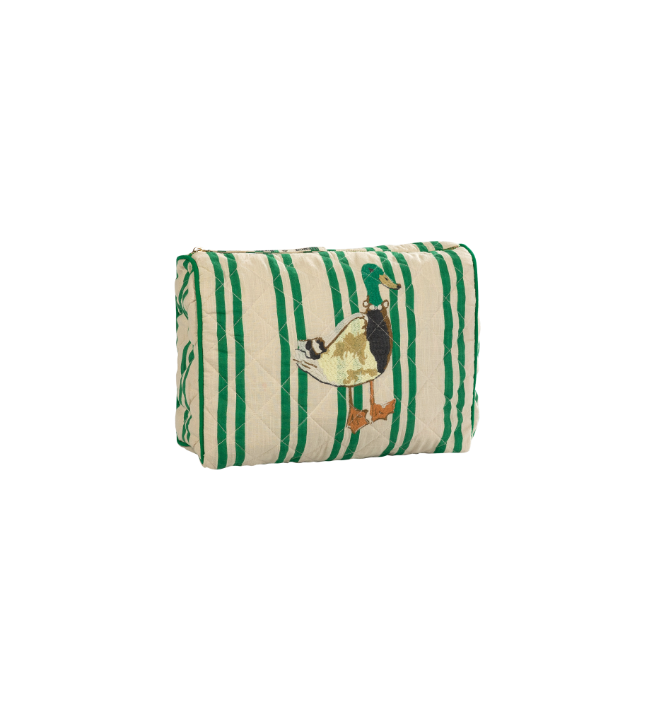Posh Mallard Quilted Wash Bag | Beige - Emerald  Striped
