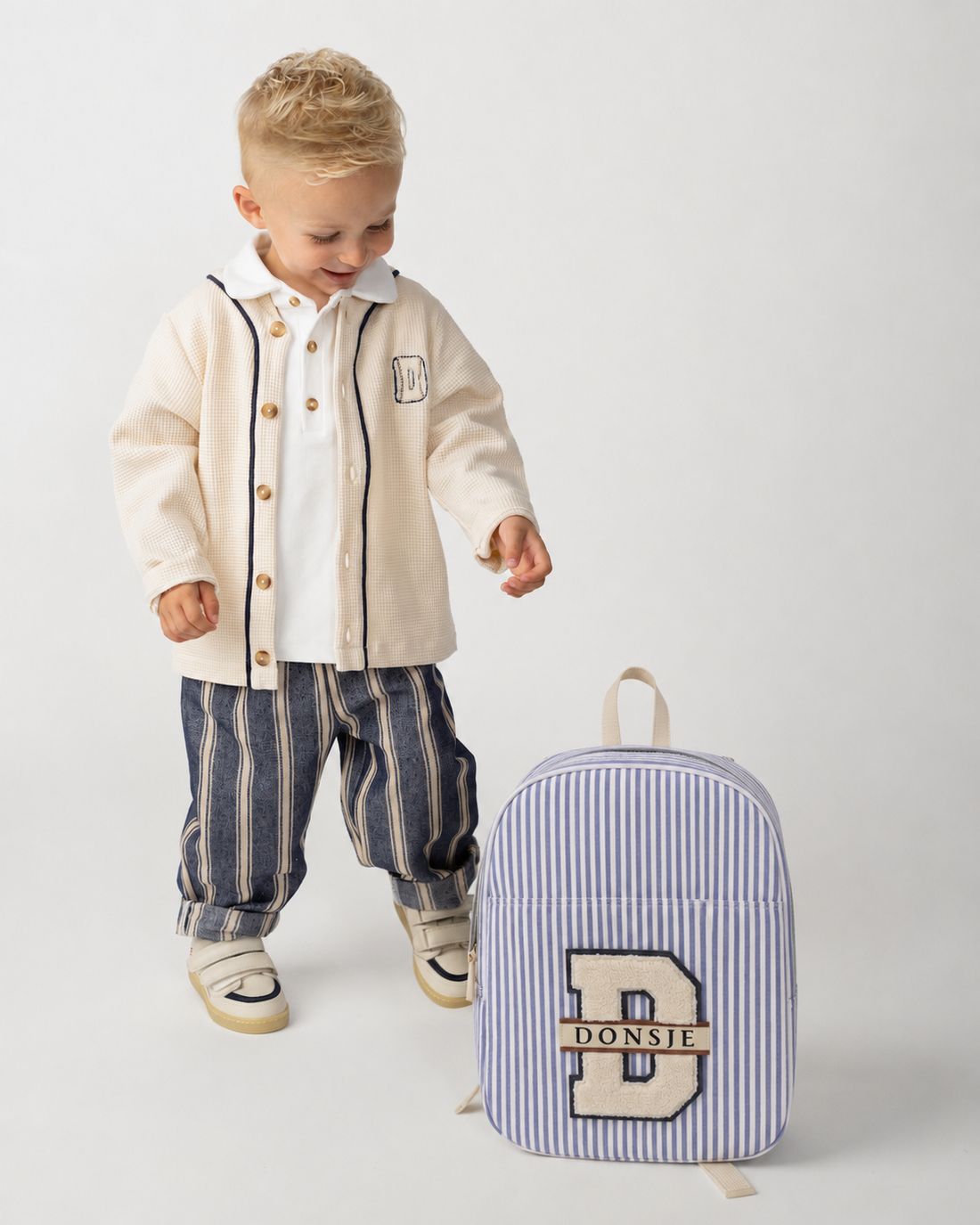 Raffie Schoolbag | Blue - Moss Green Striped