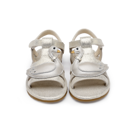 Shimmer Swan Sandals | Silver Metallic Leather