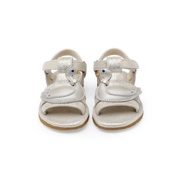 Tiny Swan Sandals | Silver Metallic Leather